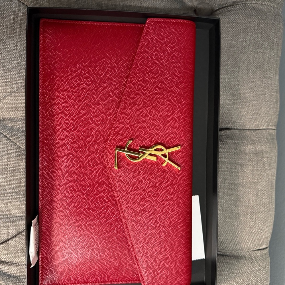 Yves Saint Laurent Red and Gold Envelope clutch bag